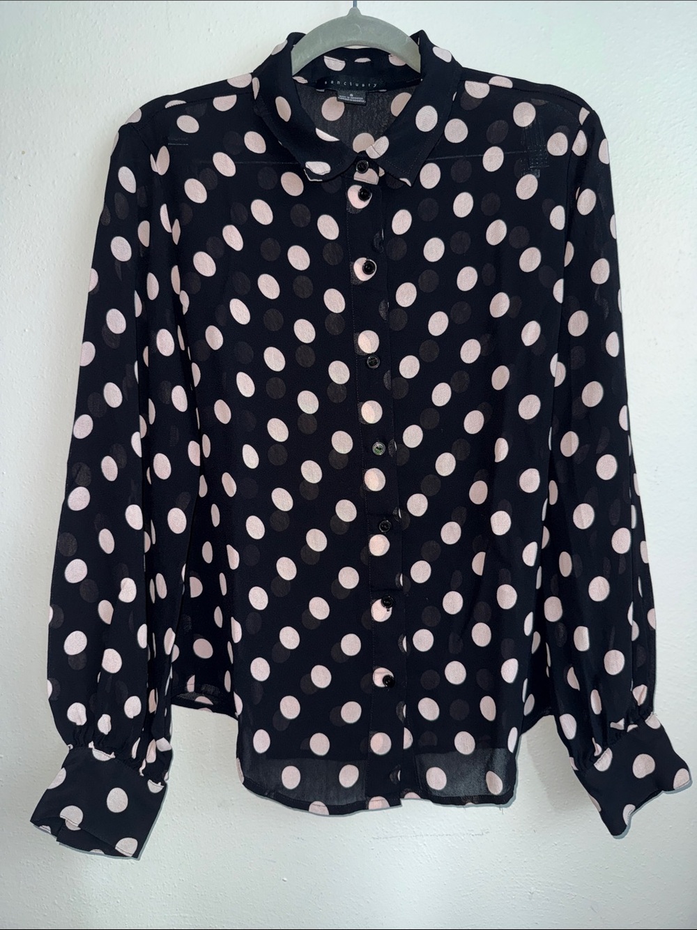 Sanctuary Black Polka Dot Button-Up Blouse with Light Pink Dots